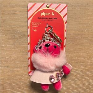 Piper K Pink Bear wearing a Crown Bag Charm/Keychain with Rhinestones